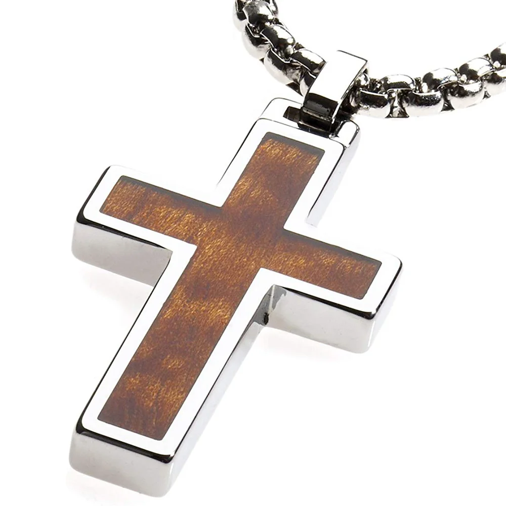 Women's Or Men's Unique Tungsten Cross Pendant .4mm Wide Surgical Stainless Steel Box Chain. Tungsten Cross Wood Inlay Necklace Jewelry Gifts For Mens And Womens