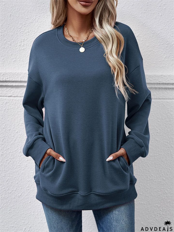 Women's Fleece Loose Round Neck Pocket Tops Hoodies