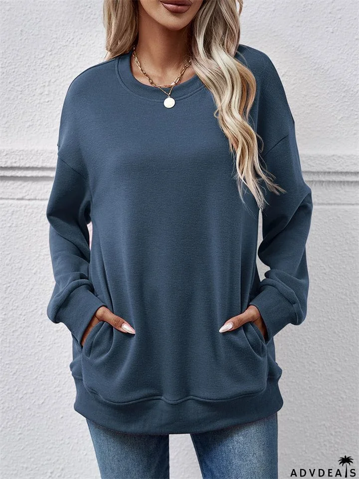 Women's Fleece Loose Round Neck Pocket Tops Hoodies