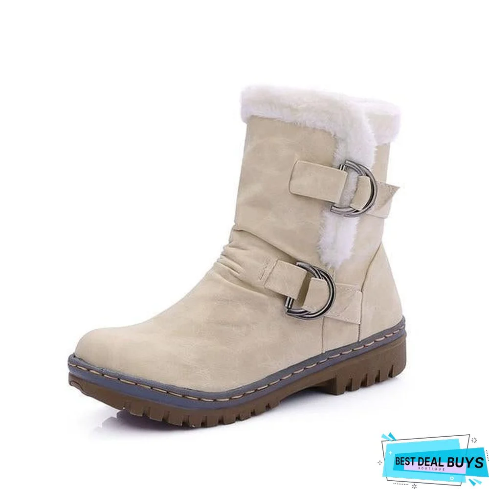 Women Leather Warm mid-calf Plush Fur Velvet Boots Booties Snow Shoes