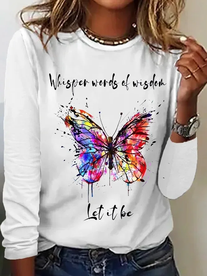Women's Whisper Wisdom Let It Be Butterfly Simple Long Sleeve Top
