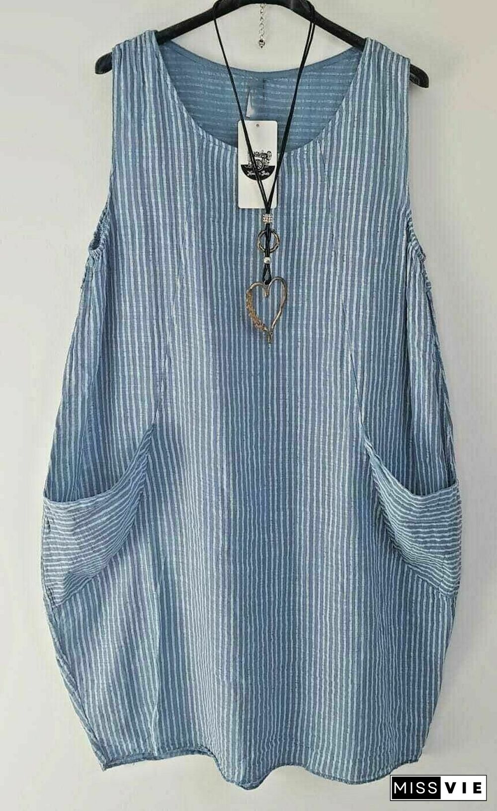 Ladies Stripe Design Summer Linen Cotton Long Pocket Top