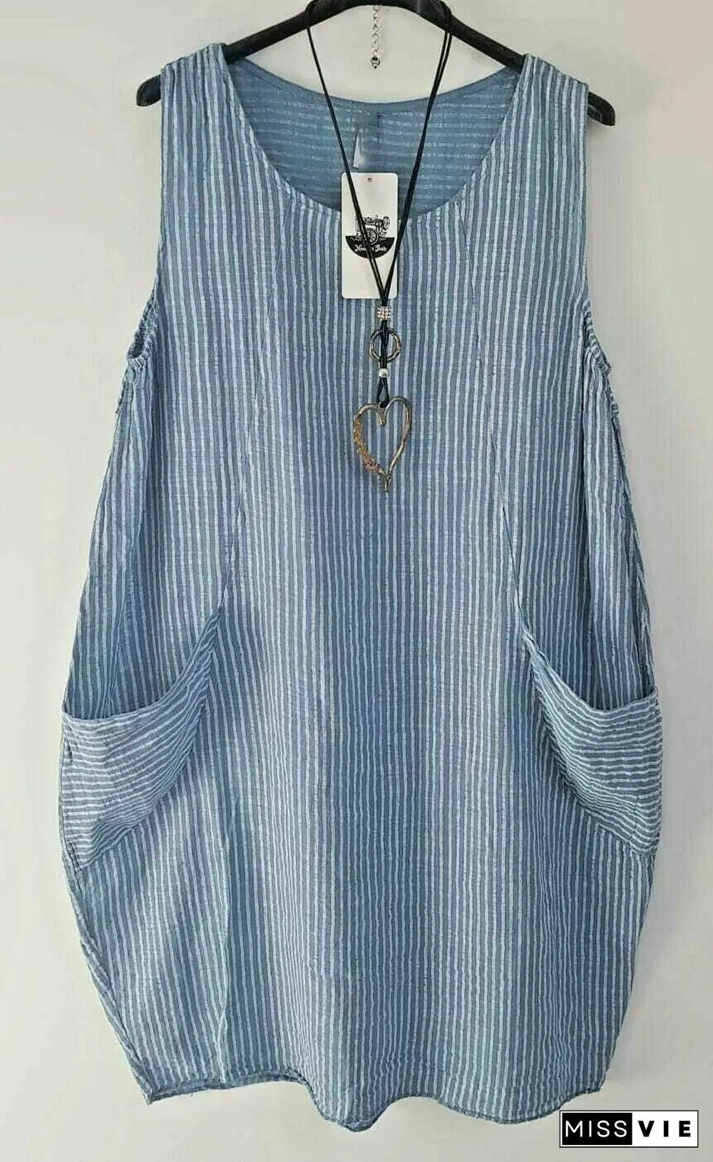 Ladies Stripe Design Summer Linen Cotton Long Pocket Top