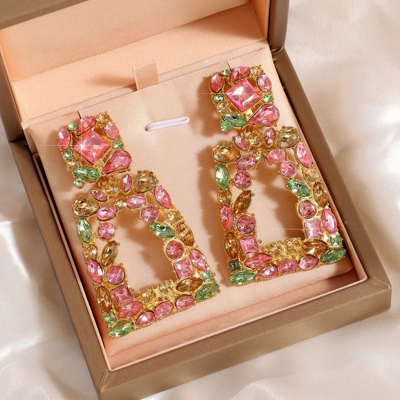 1 Pair Exaggerated Commute Shiny Rectangle Hollow Out Inlay Alloy Acrylic Rhinestones 18K Gold Plated Drop Earrings