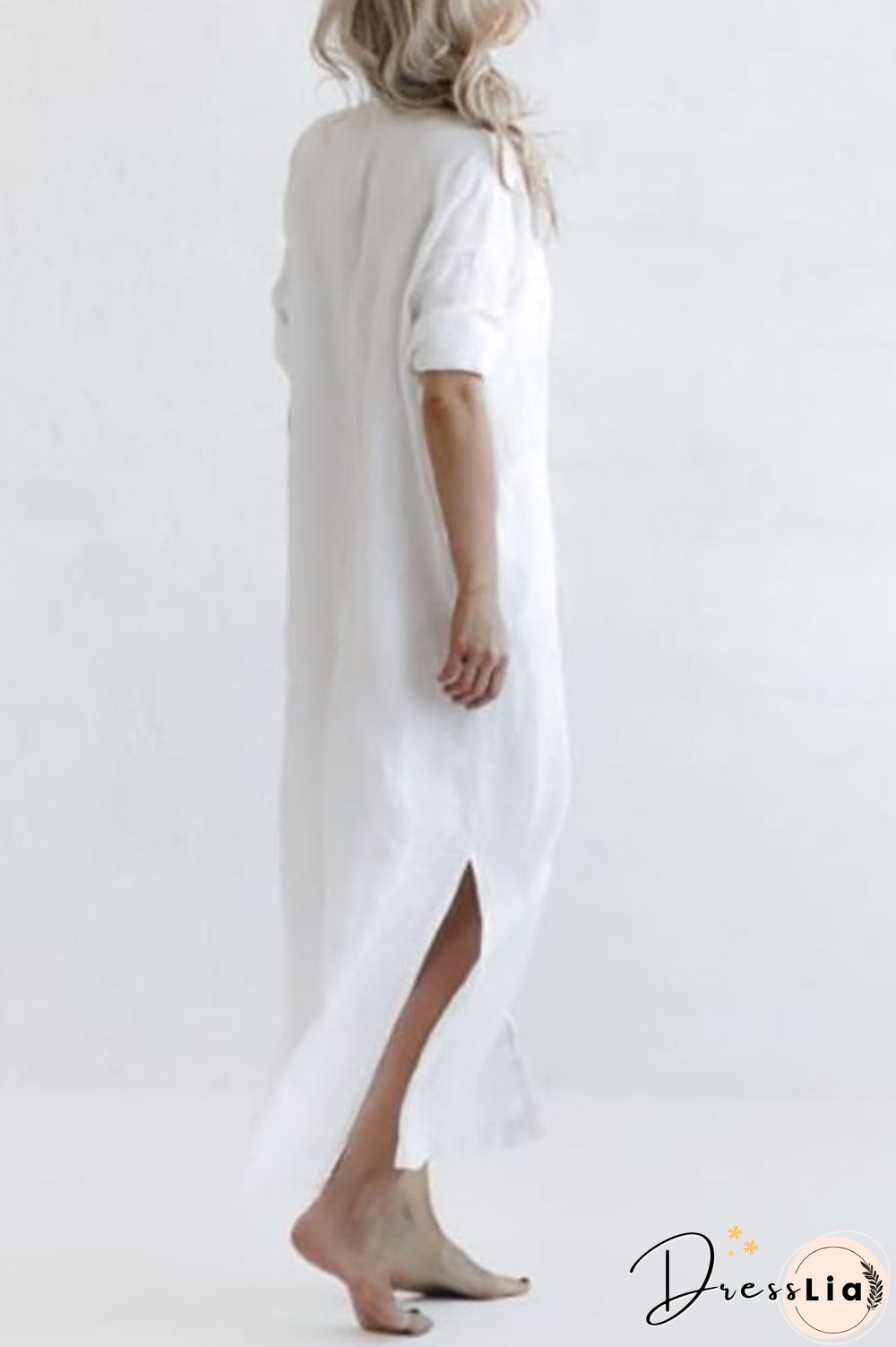 Linen Button Pockets Shirt Maxi Dress