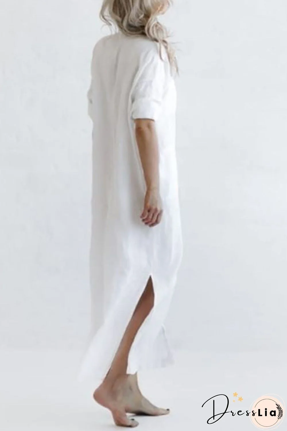 Linen Button Pockets Shirt Maxi Dress