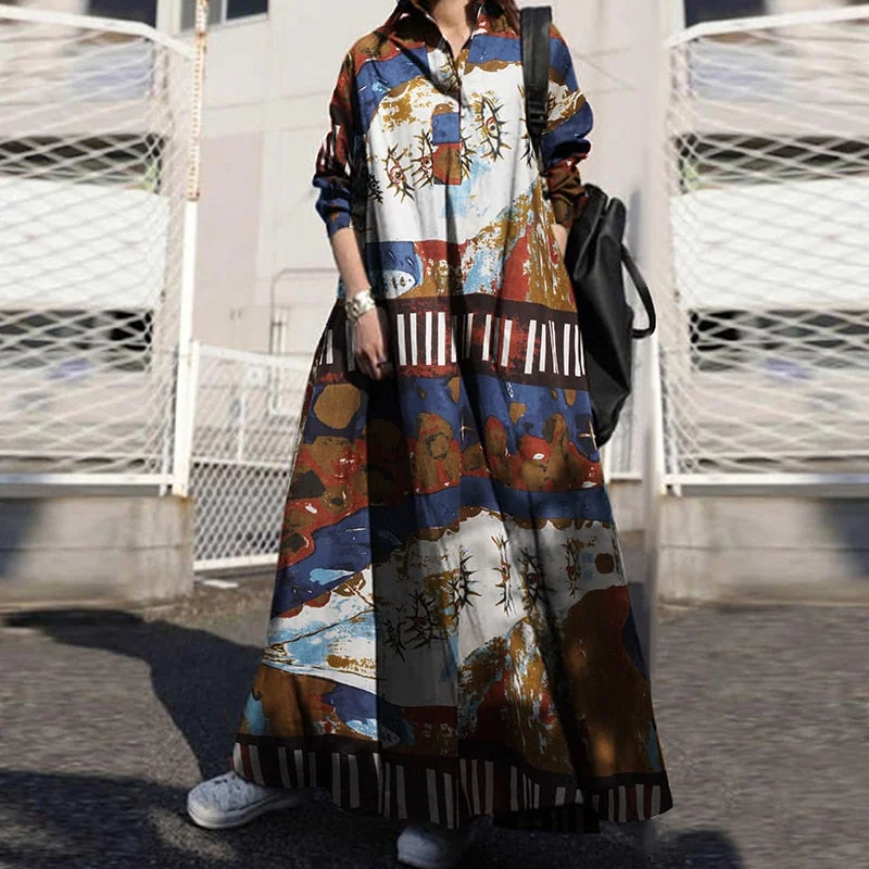 ZANZEA Autumn Stylish Women Vintage Long Sleeve Loose Sundress 2022 Casual Long Maxi Dress Kaftan Femme Solid Party Vestido Robe