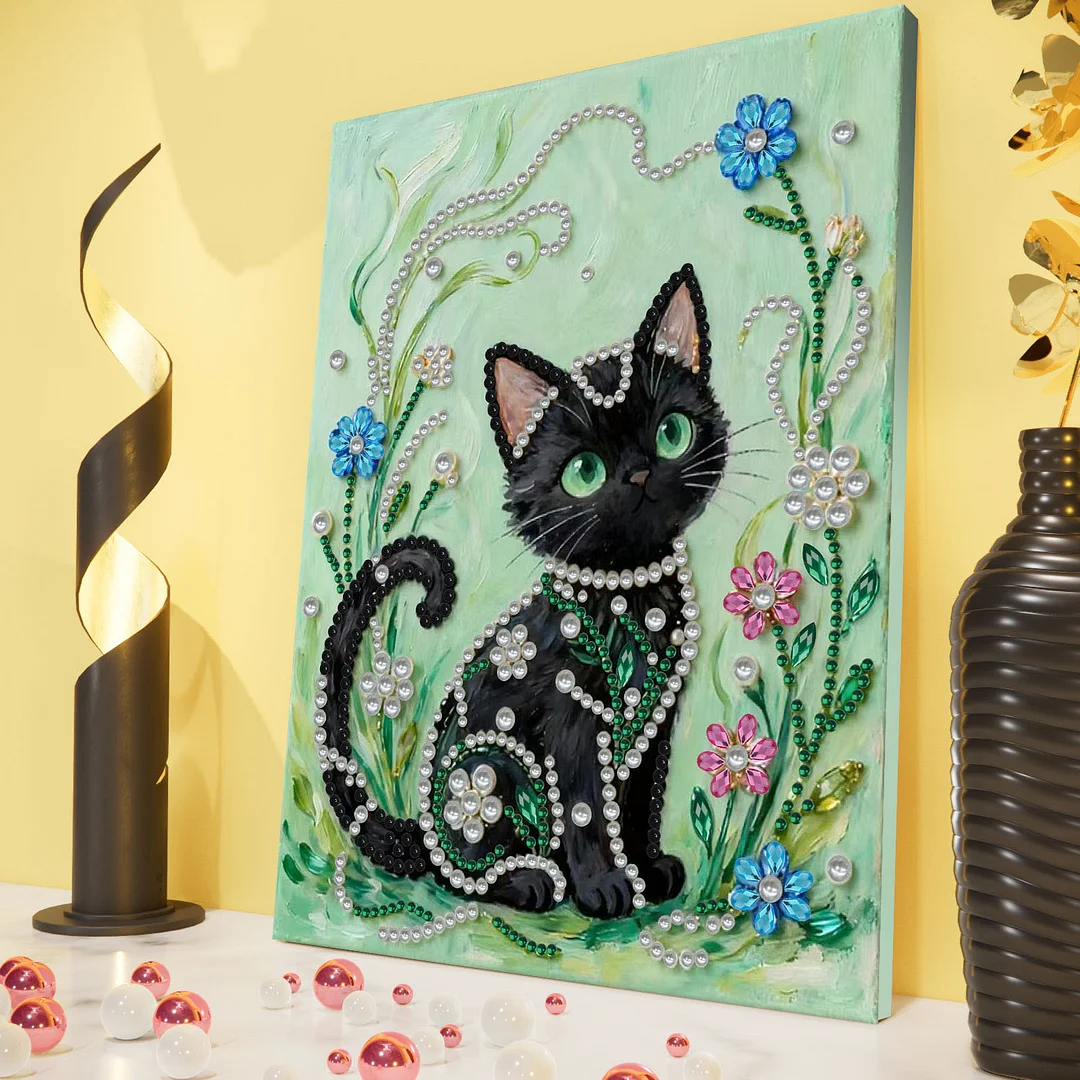 Black Cat DIY Pearl Diamond Art Kit for Adults Home Decor With Frame 30x40cm