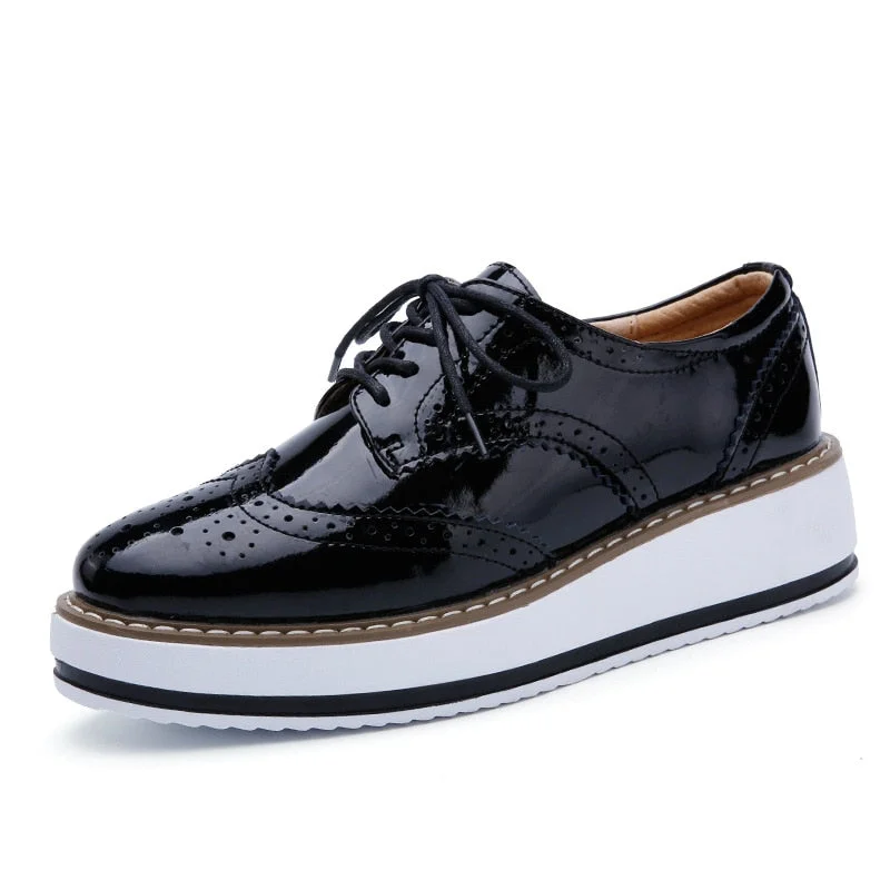 Genuine Leather Shoes Women Flats Oxford Lace Up Striped Platform White Black Fashion Vintage Platform Brogue Shoes Woman