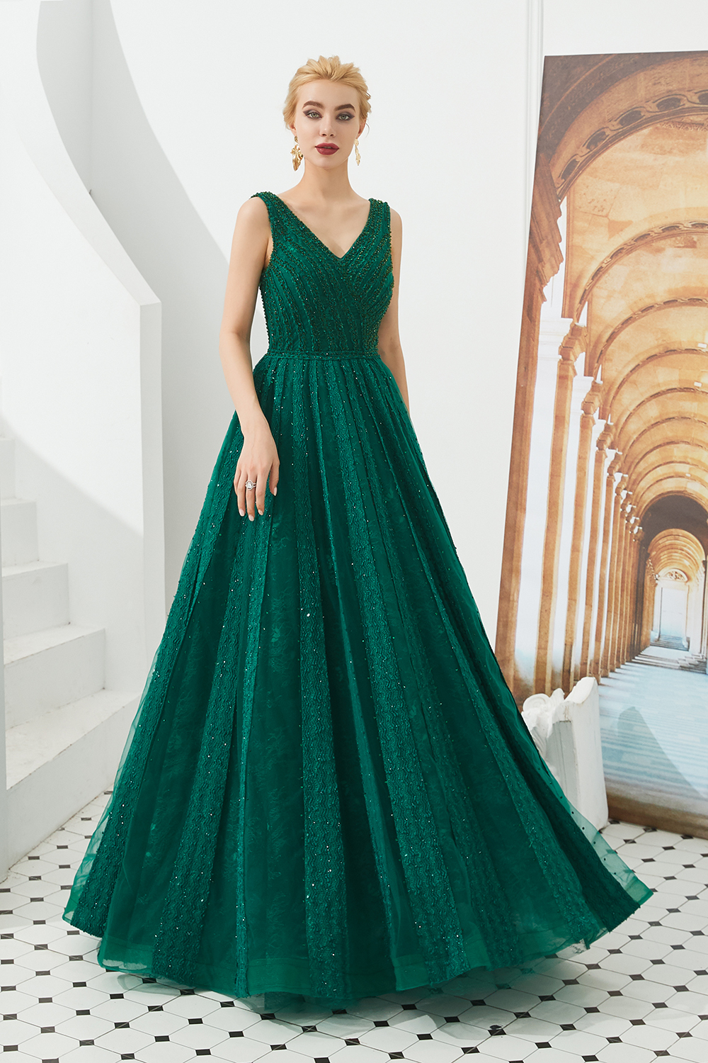 Hidais Dark Green V Neck Sleeveless Evening Dress Long With Appliques Beads