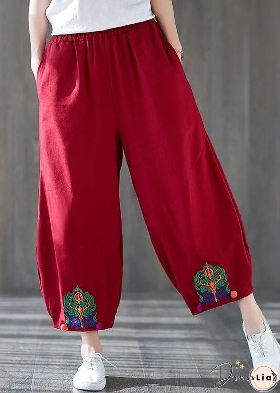 Handmade Red Embroideried Pockets Patchwork Cotton Lantern Pants Summer
