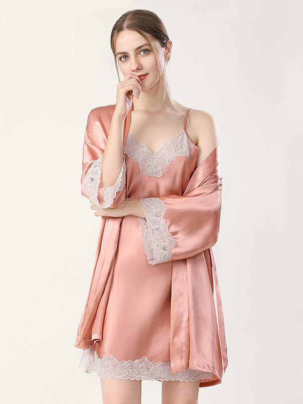 Ensemble de kimono et nuisette en soie classique dentelle luxueux Orange 1