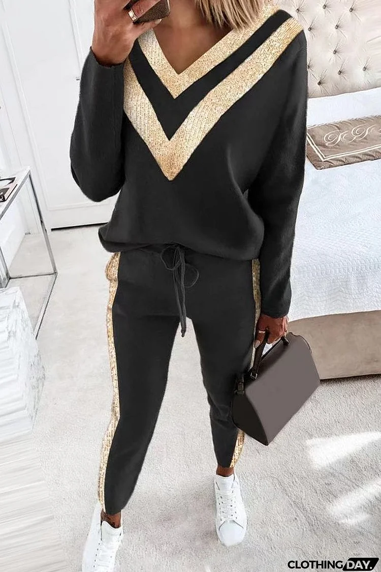 Casual Street Solid Patchwork V Neck Long Sleeve Two Pieces