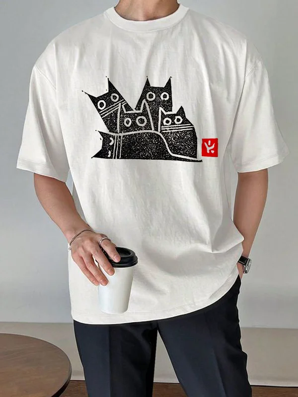 100% Cotton Men's Cute Cats Linocut Print Casual T-Shirt
