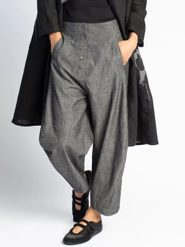 Solid Color Cotton and Linen Button Trousers hjn Shicloths