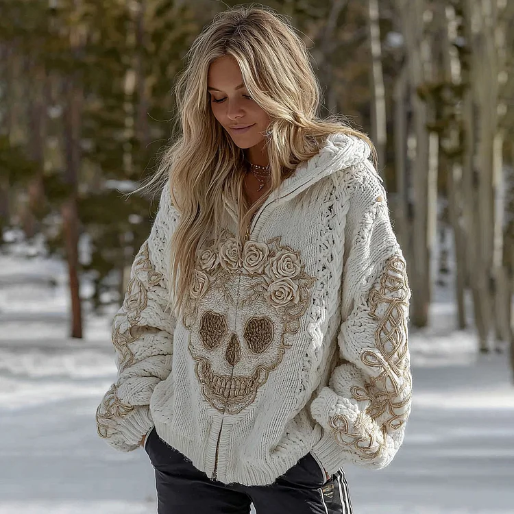 Women's White Rose Skull Comfortable Loose Solid Color Zip Sweater Cardigan