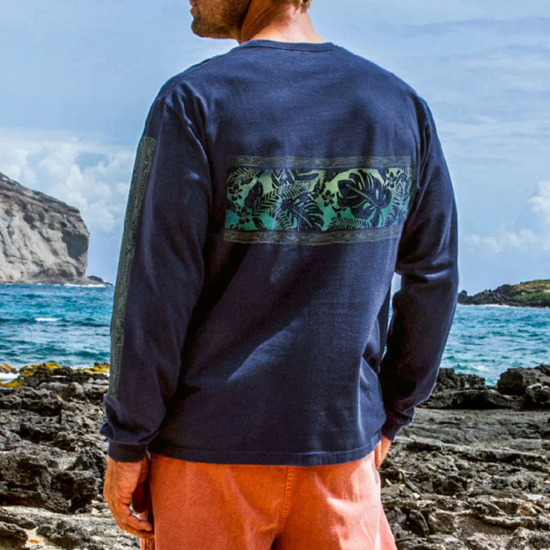 Men's Surfing Long Sleeved Round Neck Beach Totem Printed T-shirt
