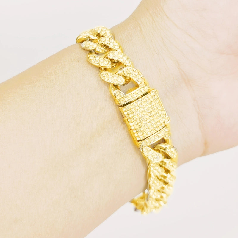 Hip-hop Hipster Diamond Bracelet 12mm Round Flip Cuban Chain Thick Necklace Men And Women Hiphop