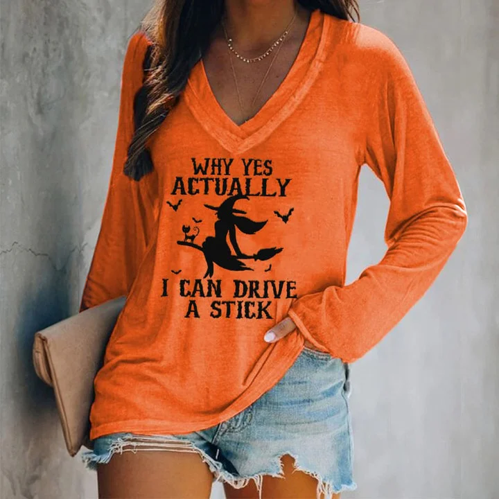 VChics Halloween Why Yes Actually I Can Drive A Stick Casual V-Neck Long Sleeve T-Shirt