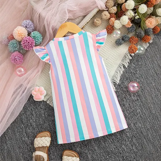 【6M-3Y】Girls Casual Cat & Stripe Printed Colorblock Round Neck Cap Sleeve Dress