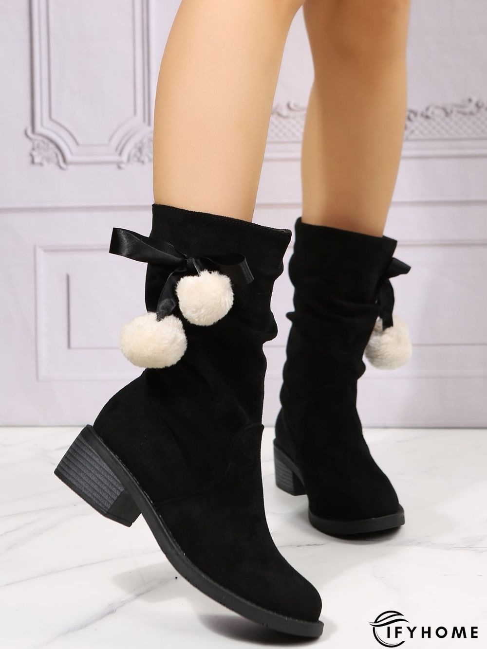 Christmas Pompom Decor Faux Suede Slouchy Boots | IFYHOME