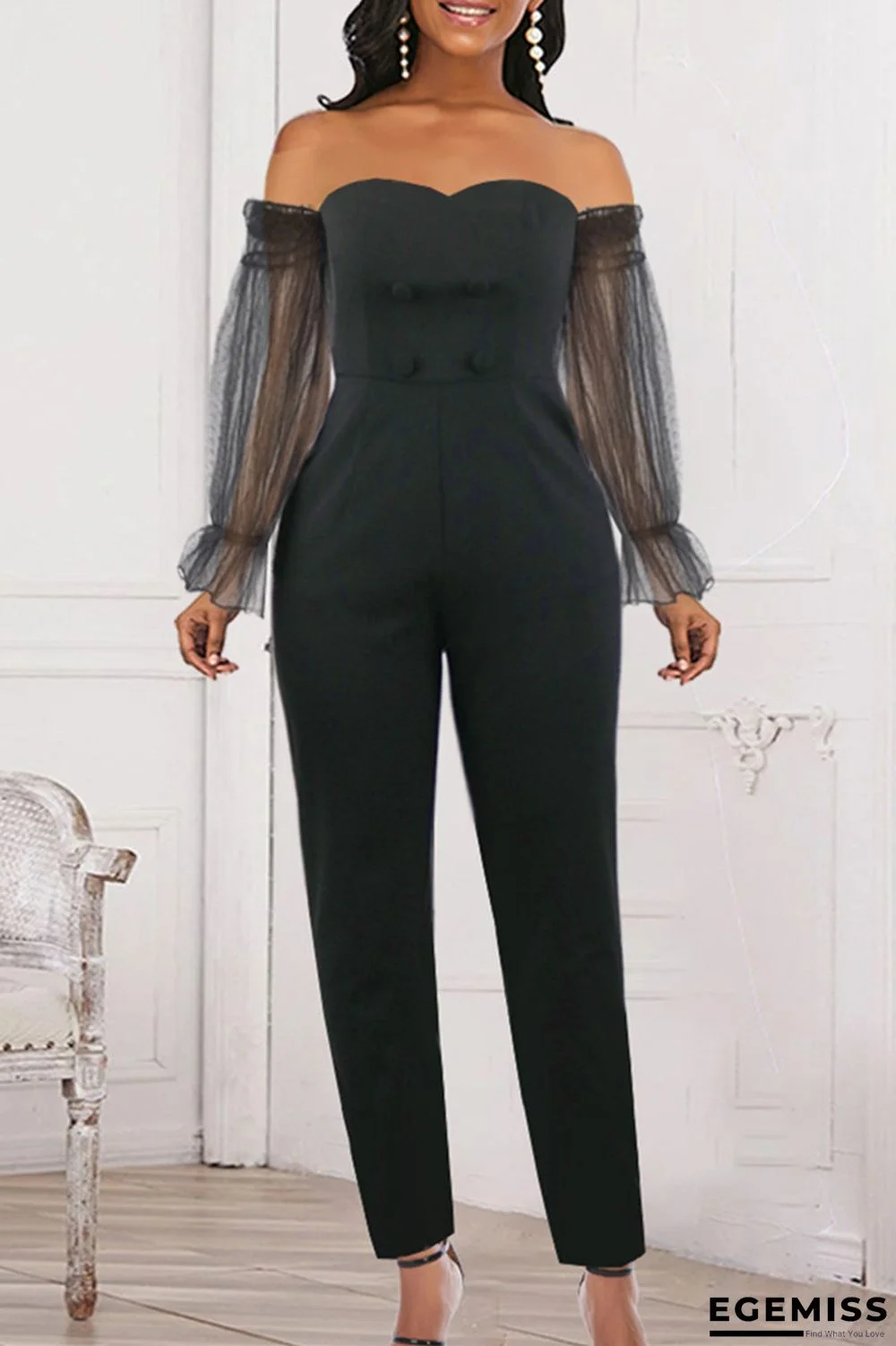 Black Fashion Sexy Patchwork Solid Backless Off the Shoulder Skinny Jumpsuits | EGEMISS