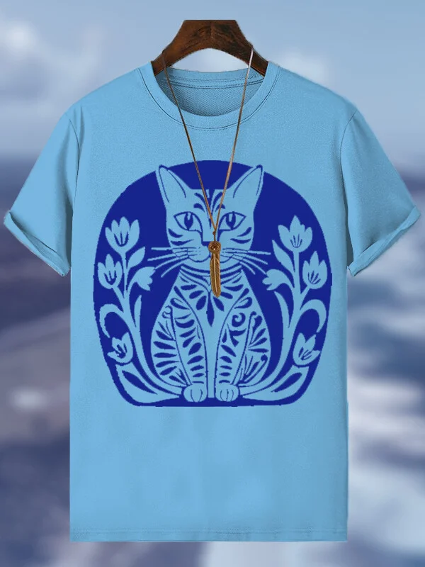 Men's Cute Blue Cat Vacation Print Cotton Casual T-Shirt