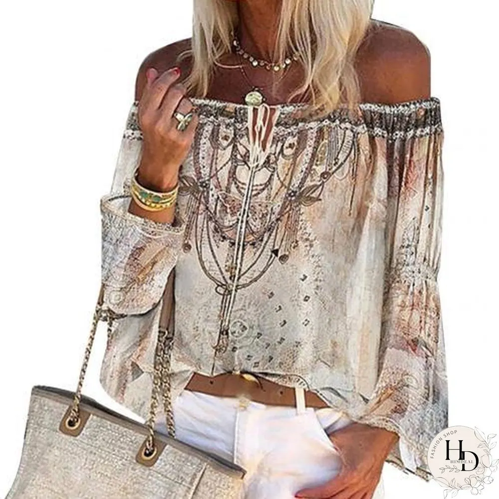 Womens Long Sleeve Off Shoulder Floral Print Hollow Out Lace Blouse Tops Shirts Female