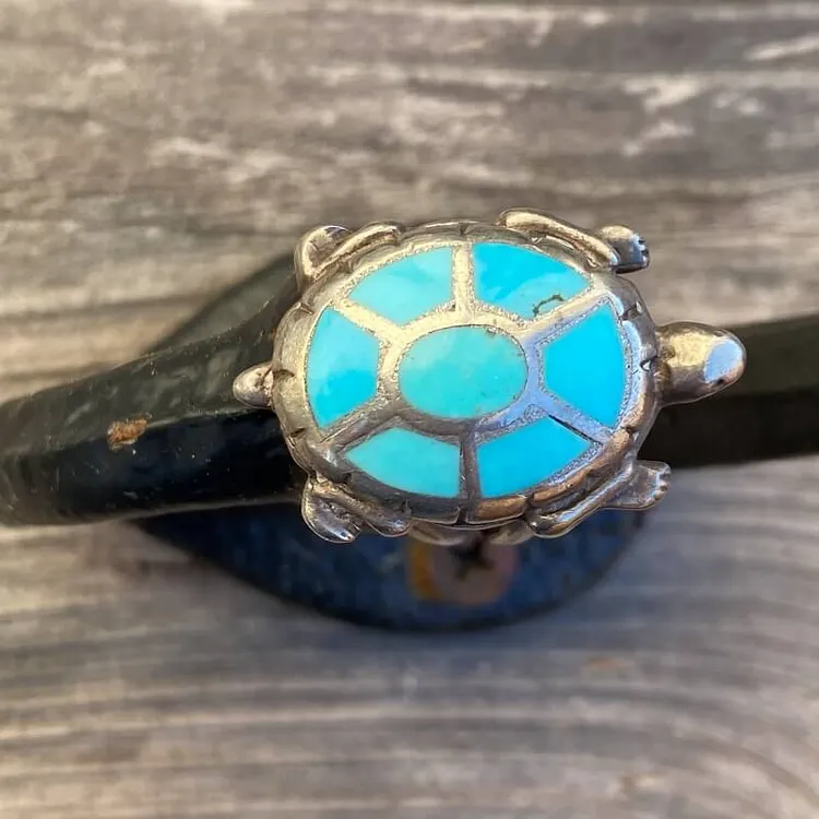 Sterling Silver Desert Tortoise Ring with Inlay Turquoise Size 5 1/4