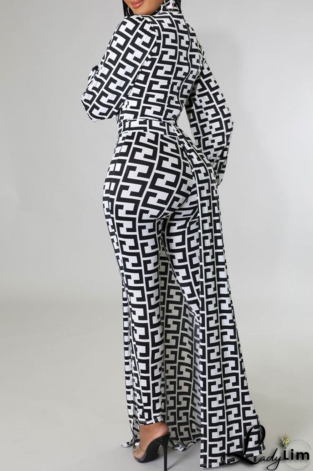 Black And White Casual Print Asymmetrical Half A Turtleneck Long Sleeve Two Pieces