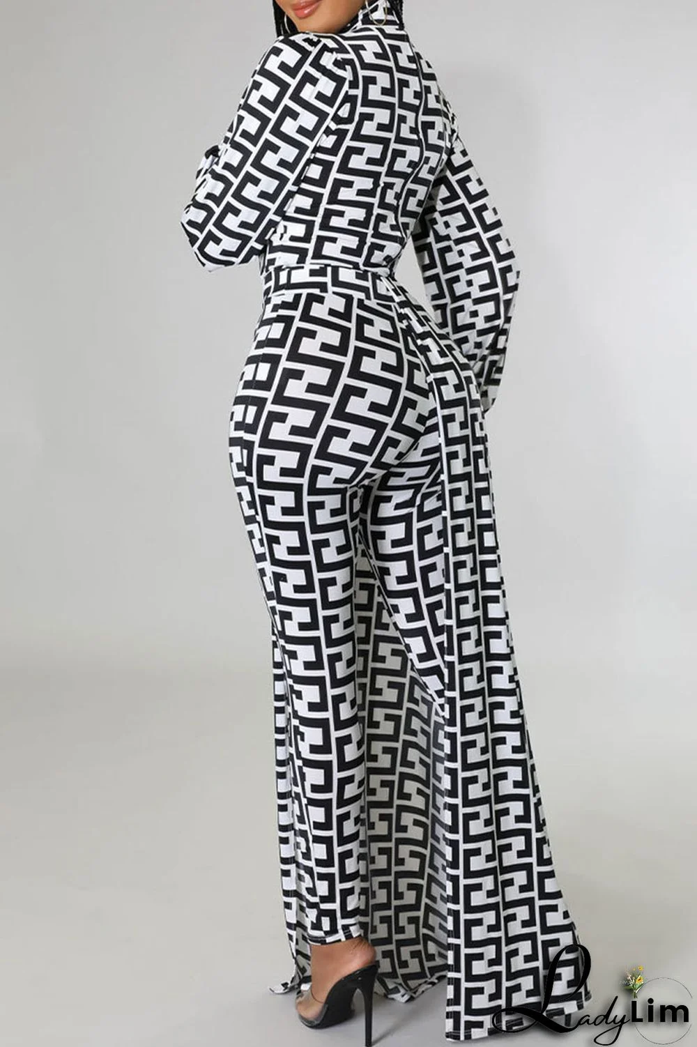 Black And White Casual Print Asymmetrical Half A Turtleneck Long Sleeve Two Pieces