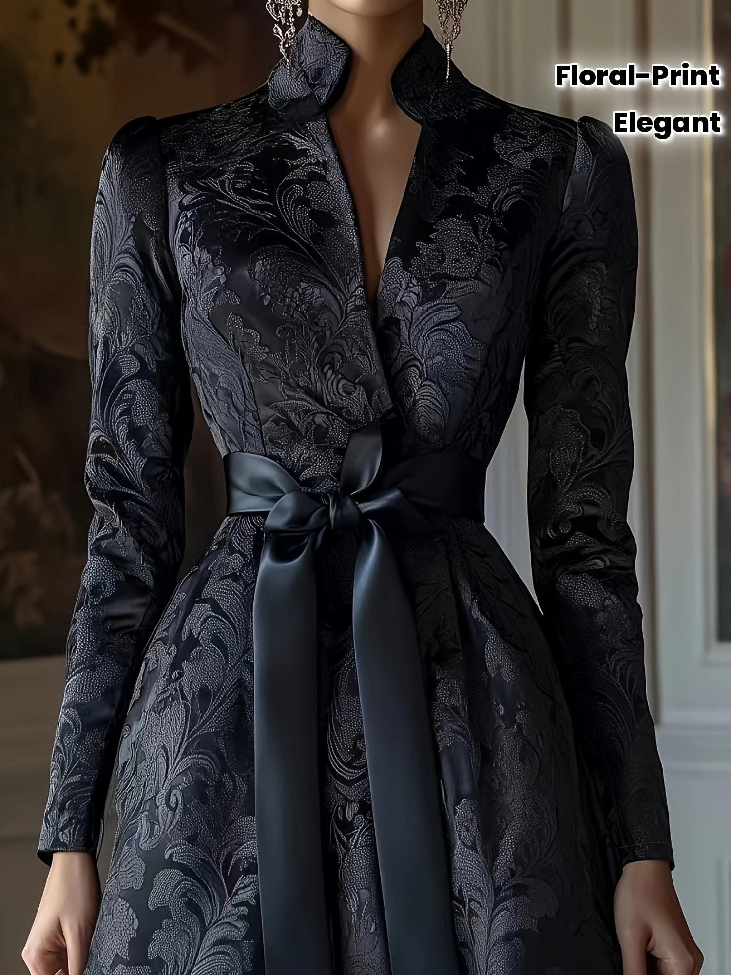 Elegant Black Floral Jacquard Satin Dress With V-Neck And Long Sleeves - Fitted A-Line Silhouette, Perfect For Adult Women, All-Season Wear, Formal Attire|Floral Print Dress|Satin Fabric