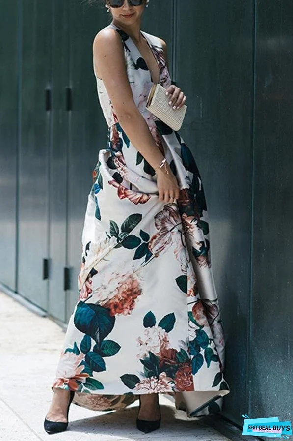 Autumn And Winter Sexy V-Neck Print Sleeveless High Waist Evening Dress