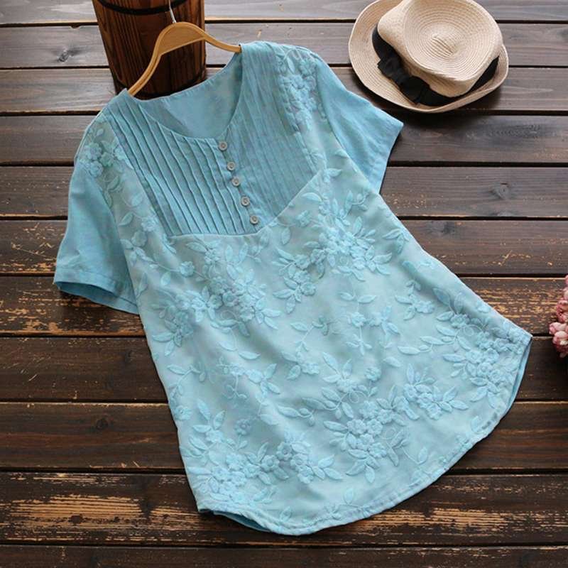 Elegant Embroidery Tops Women's Summer Blouses ZANZEA 2022 Short Sleeve Blusas Female O Neck Button Pleated Tunic Oversized