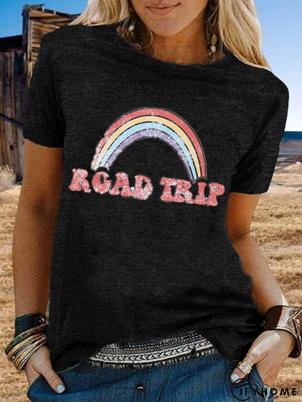 Vintage Short Sleeve Rainbow Letter Printed Plus Size Casual Tops | IFYHOME