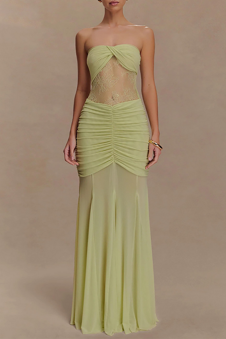 Lace Patchwork Strapless Ruched Bodycon Semi Sheer Hem Maxi Dresses-Green