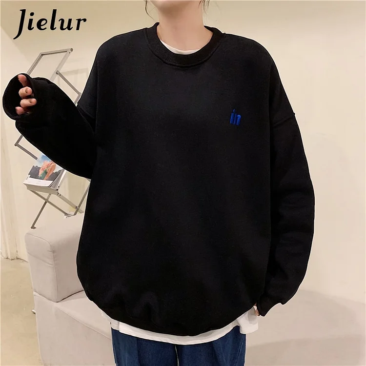 Dubeyi Harajuku Warm Fleece Sweatshirt Women Hoodies Street Loose Female Pullover Letter Embroidery Black Top M-XL Size