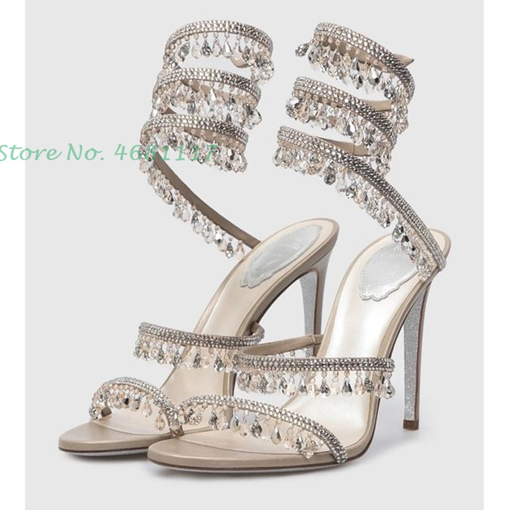 Cross Strap Crystal Pendant Sandals With Heel Women Newest Open Toe Bling Sandals Bare Heels Thin Heels Casaul Summer Sandals