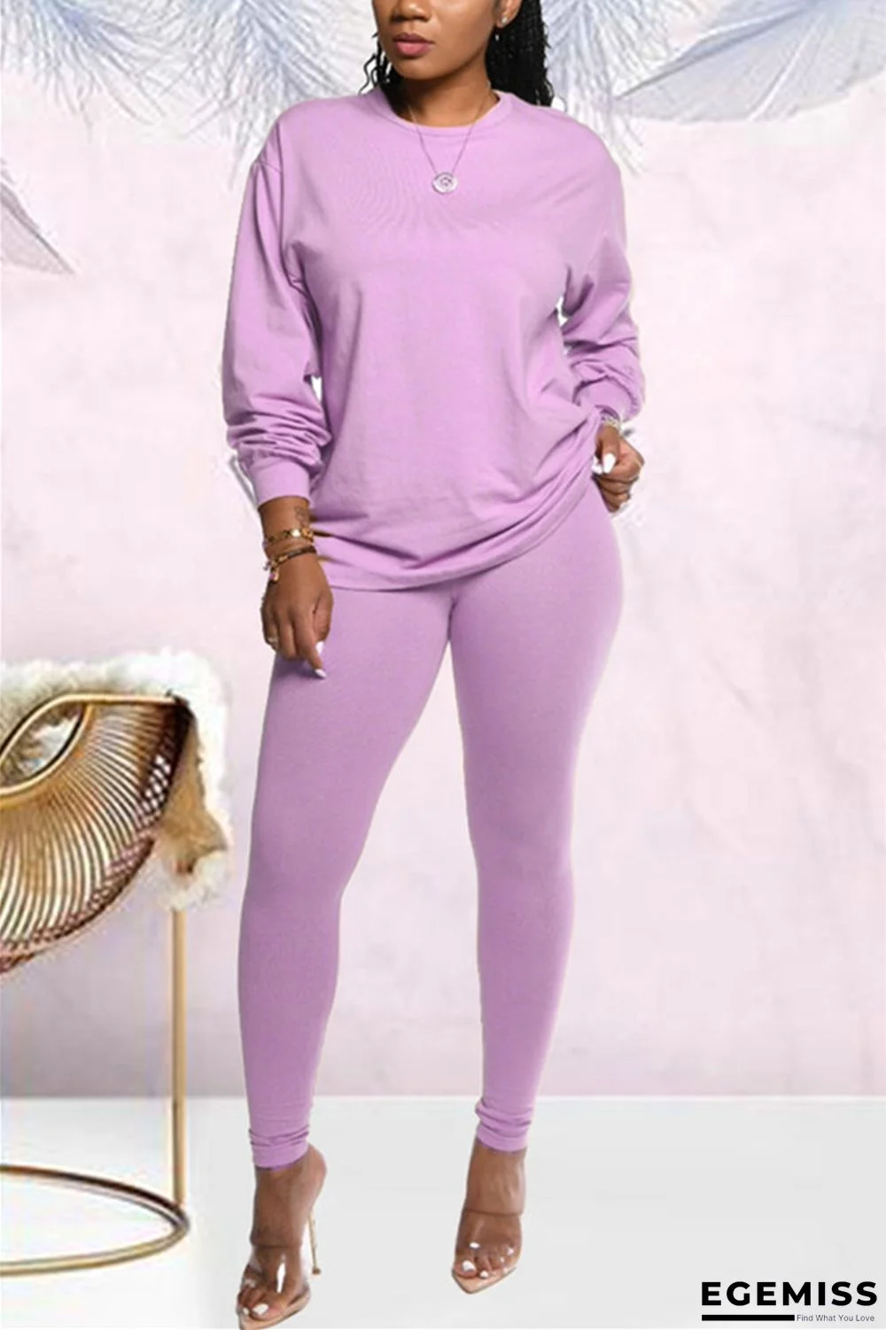 Light Purple Fashion Casual Long Sleeve O Neck Regular Sleeve Regular Solid Two Pieces | EGEMISS