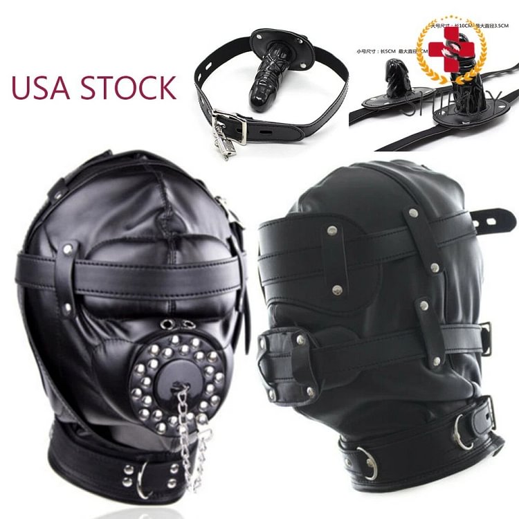 pornhint Pornhint Bondage Hood Headgear Pu Leather Mask with Mouth Gag Plug Muzzle Restraints Bondage