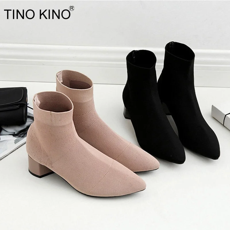 Women Knitting Elastic Ankle Boots Autumn Square Middle Heels Female Pointed Toe Short Sock Boot Ladies Casual Fashion Shoes