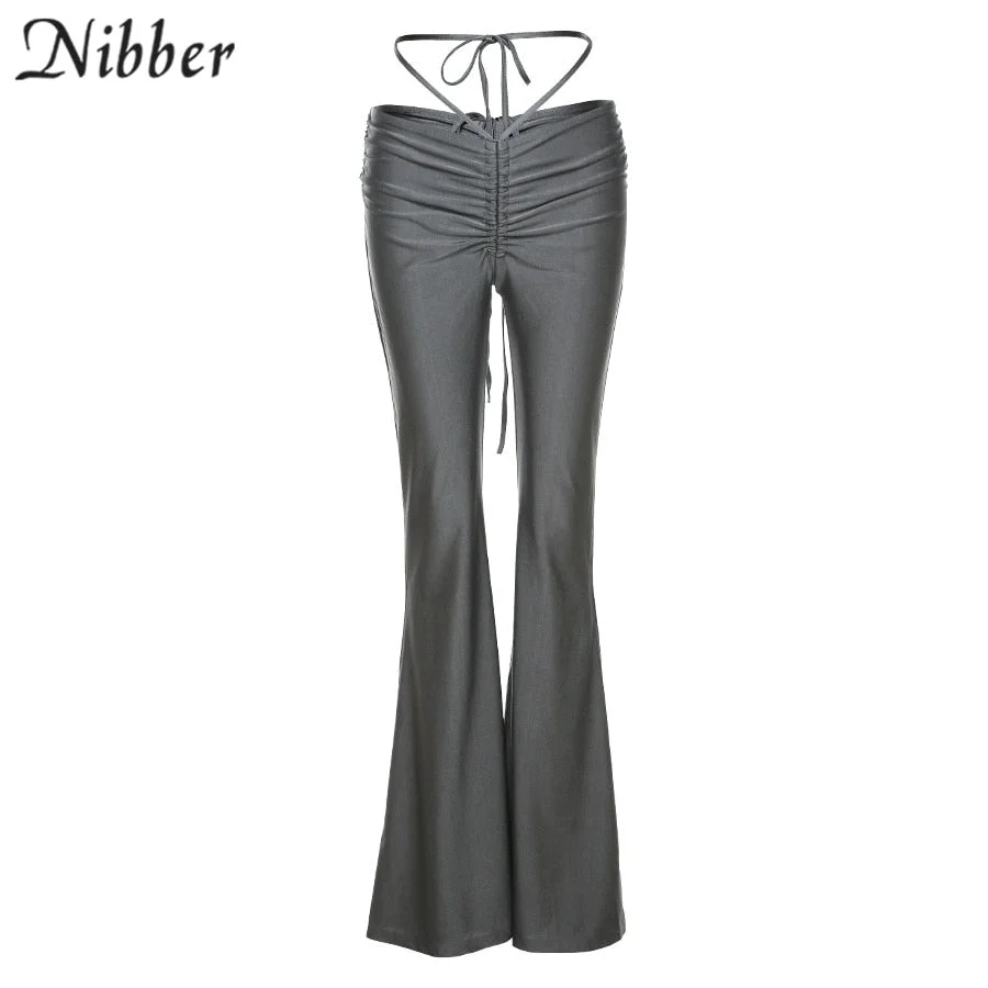 Nibber Fashion Solid Color Casual Flared Pants Drawstring Folds Slim Design For Urban Office Women Go Out Commute Street Wear