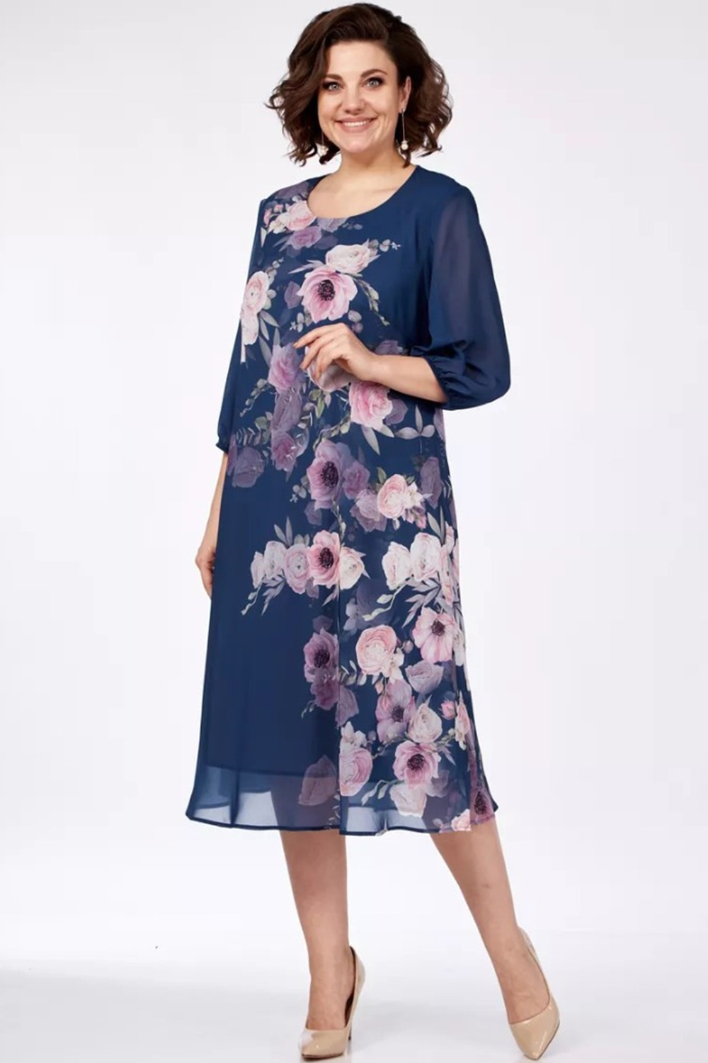 Plus Size Everyday Navy Blue Chiffon Floral Print 3/4 Sleeve Midi Dress 2024 - Flycurvy 