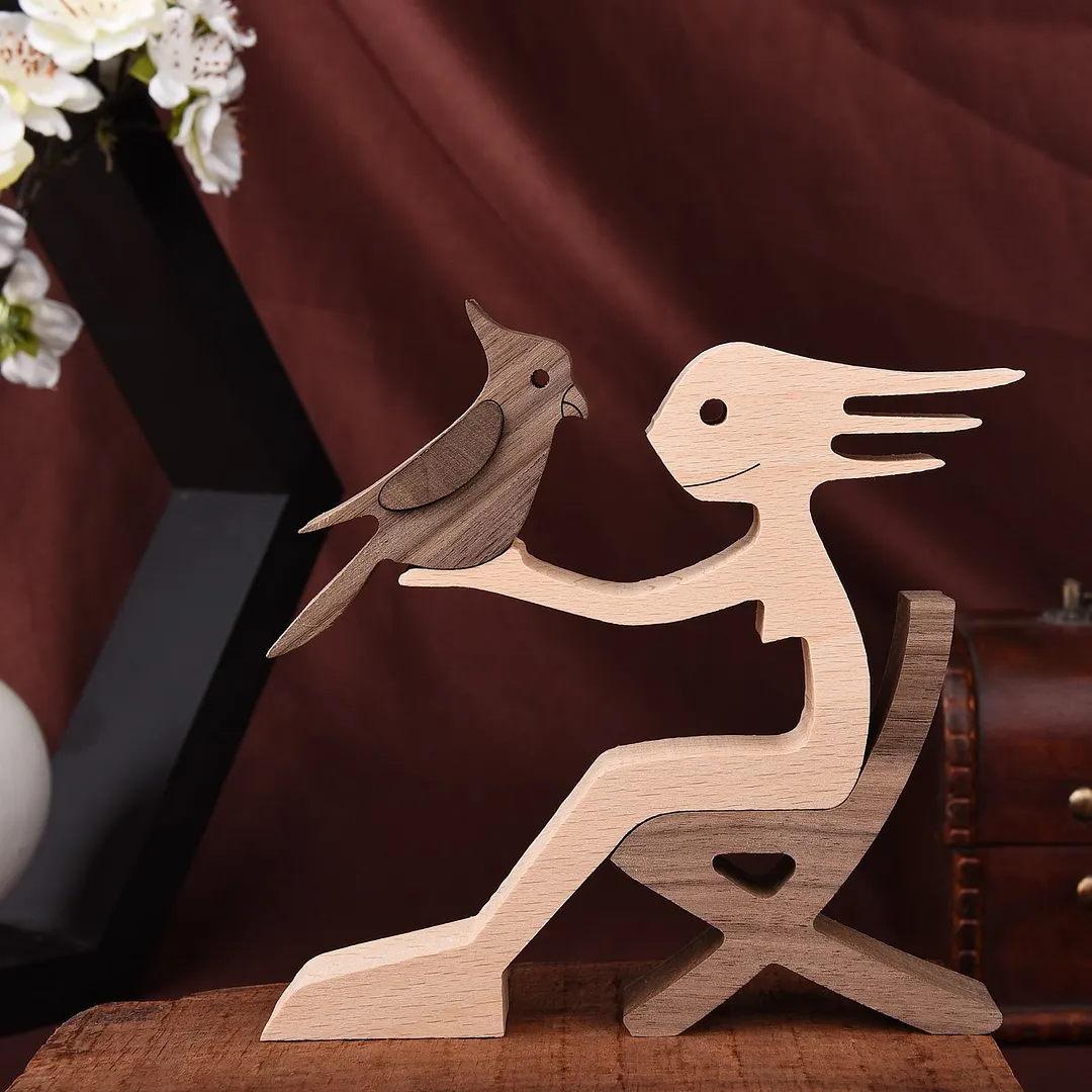 Family Puppy Wood Dog Craft Figurine Desktop Table Ornament Carving Model Creative Home Office Decoration Love Pet Dropshipping