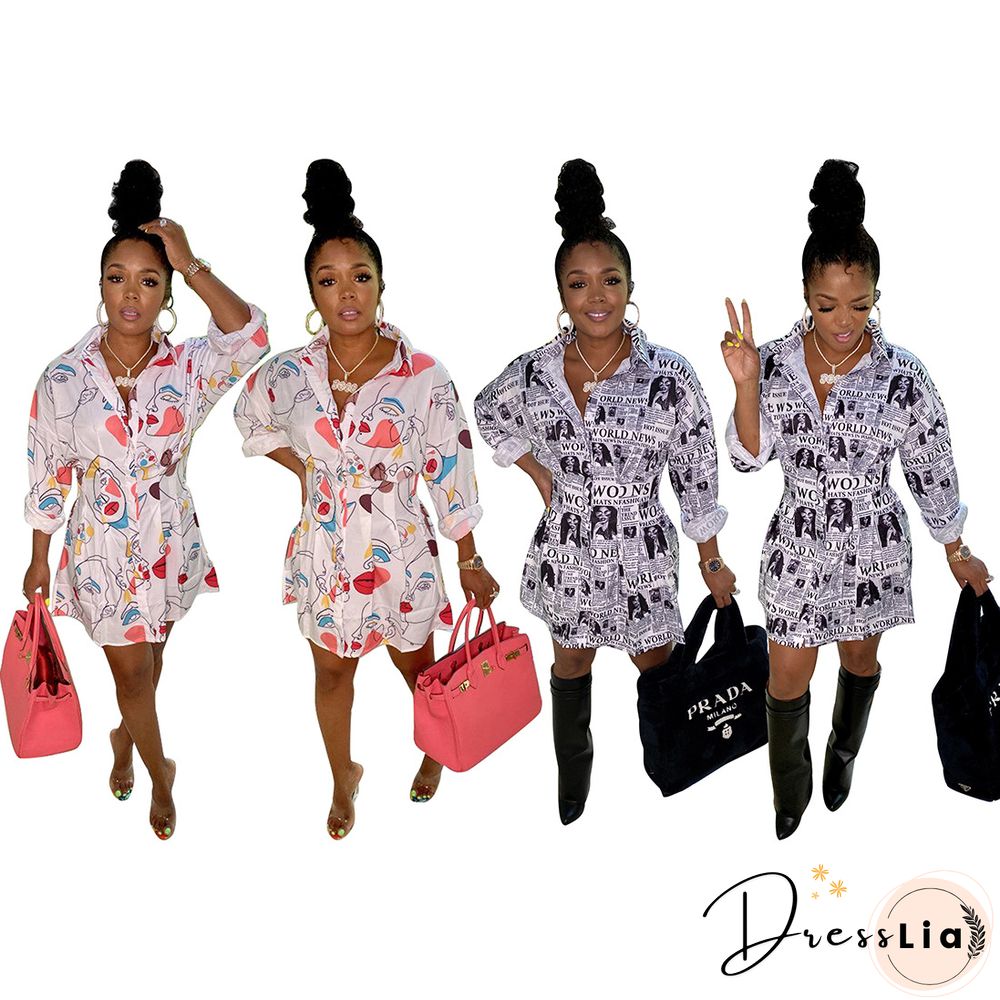 Fashion Newspaper Print Long Sleeve Women Turn Down Collar Button Up Streetwear Shirt Midi Dress