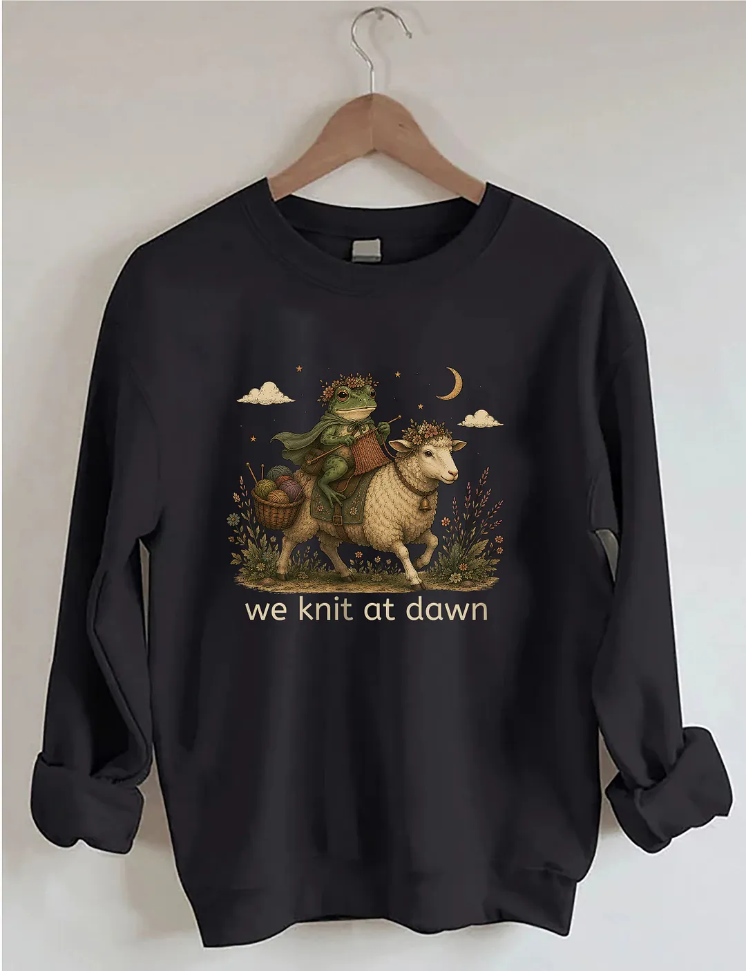 We Knit At Dawn Knitter Frog And Sheep Sweatshirt