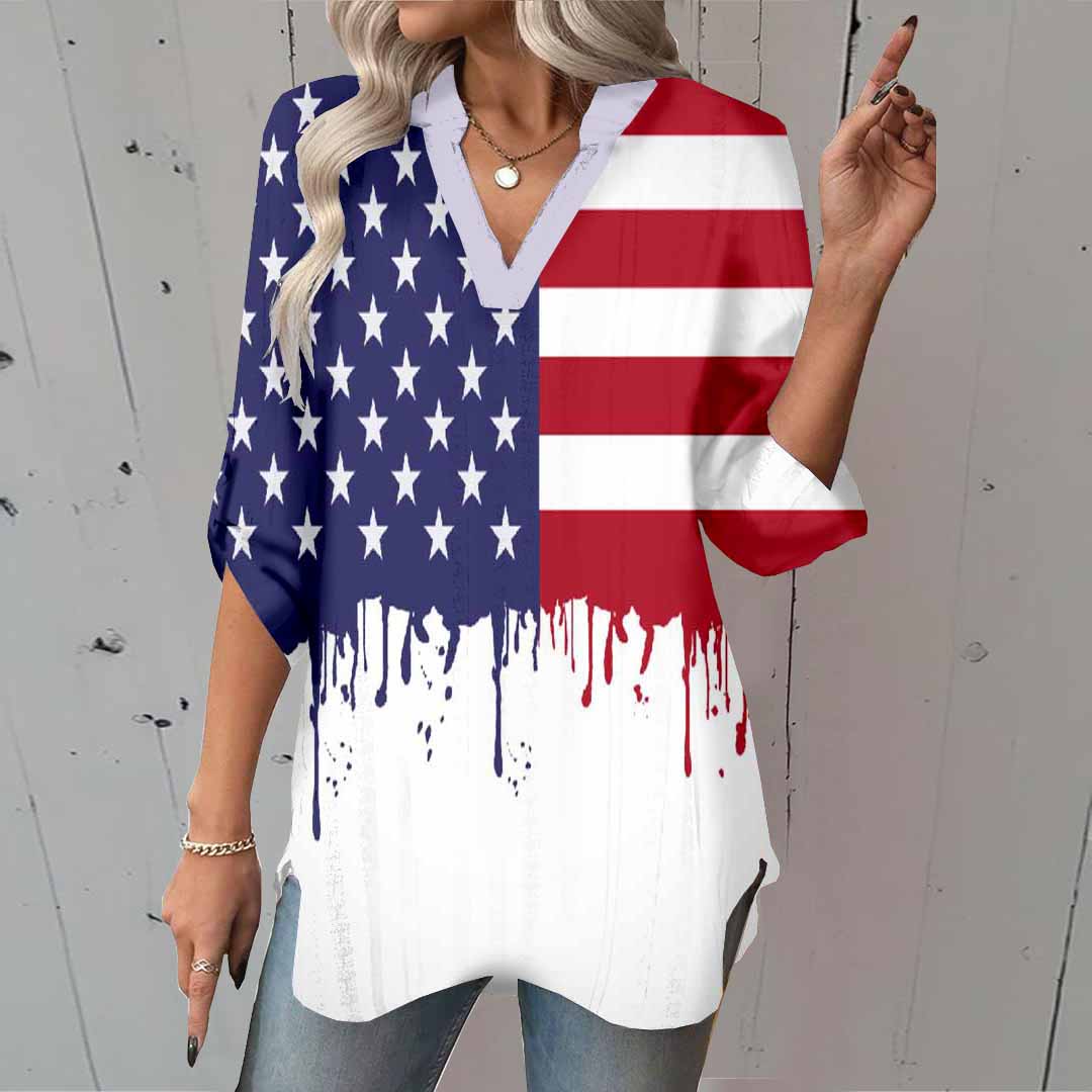 Women  Independence Day, Star, Striped, Blue, Red DZGA0221 3/4 Sleeve V-neck Printed Graphic Button Tops