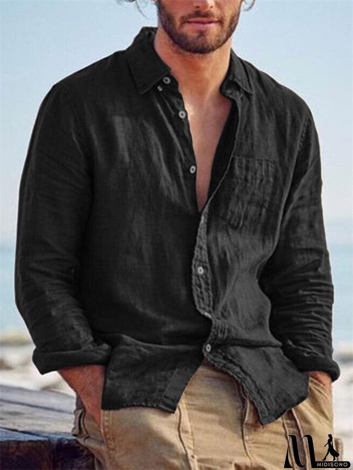 MidiSono - Men's Casual Plain Lapel Button Down Roll Up Sleeve Shirts