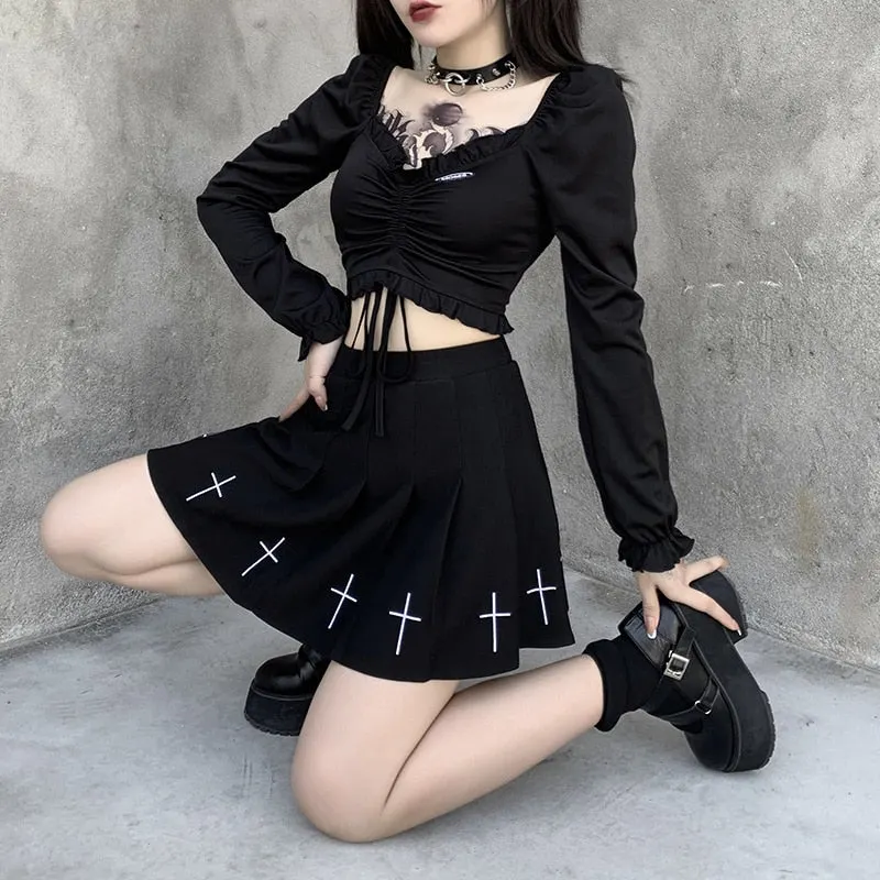 InsGoth Bandage Bodycon Long Sleeve Crop Tops Female Black V-neck Streetwear Punk Slim Tops Autumn Gothic Harajuku Top