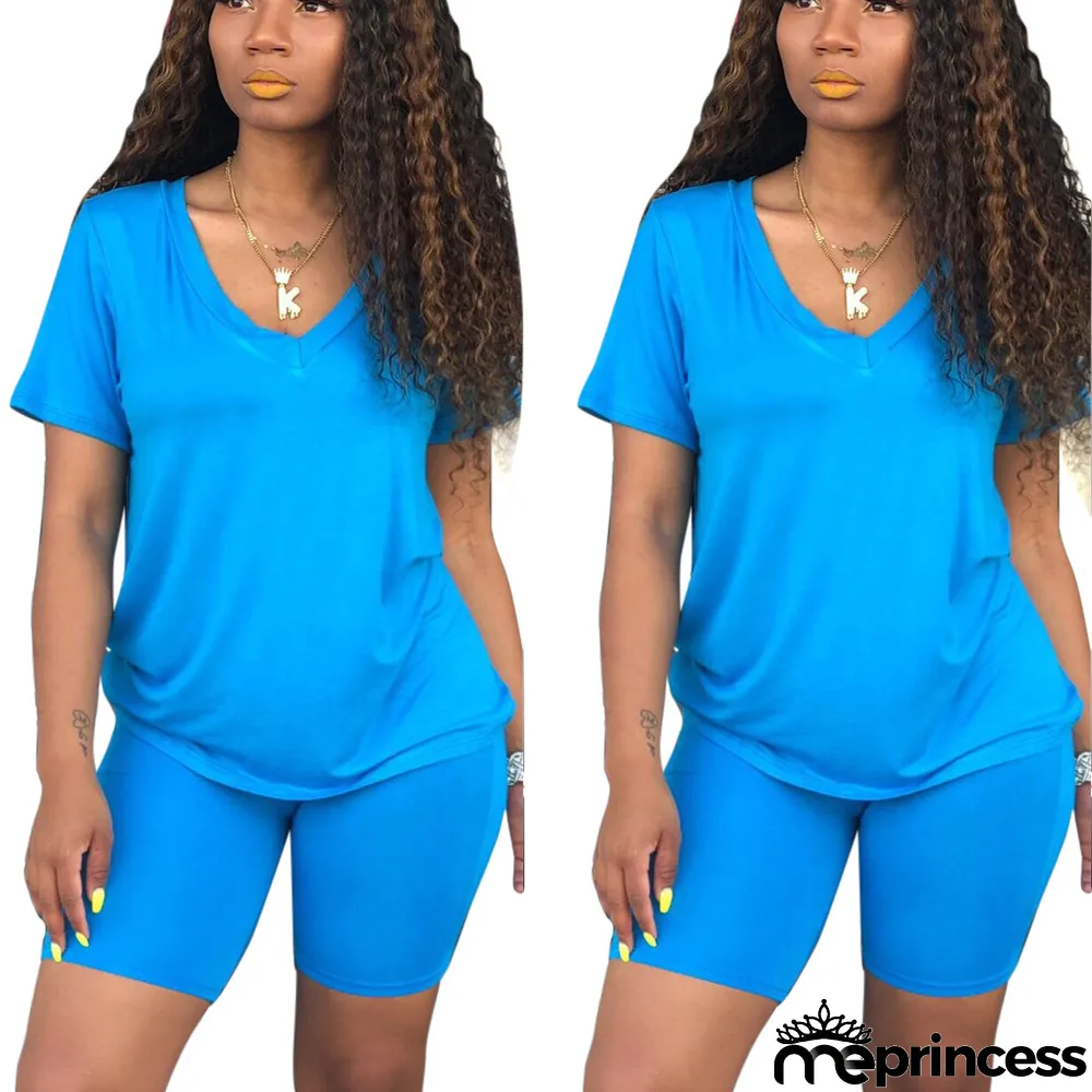 Plus Size Solid V Neck T Shirt And Shorts 2 Piece Sets